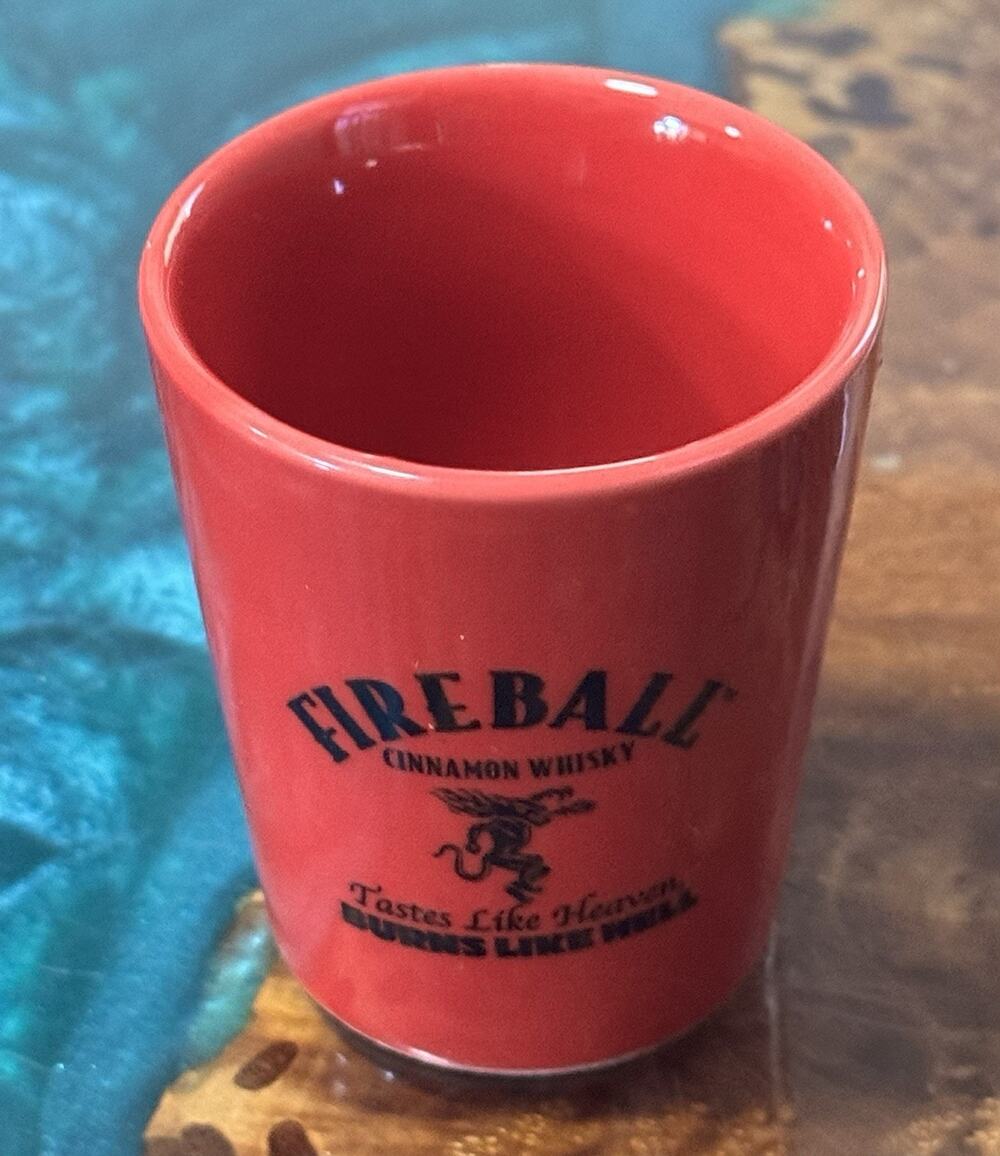 Fireball Whiskey Shot Glass Red Ceramic "L”Shooter 2-3/8"